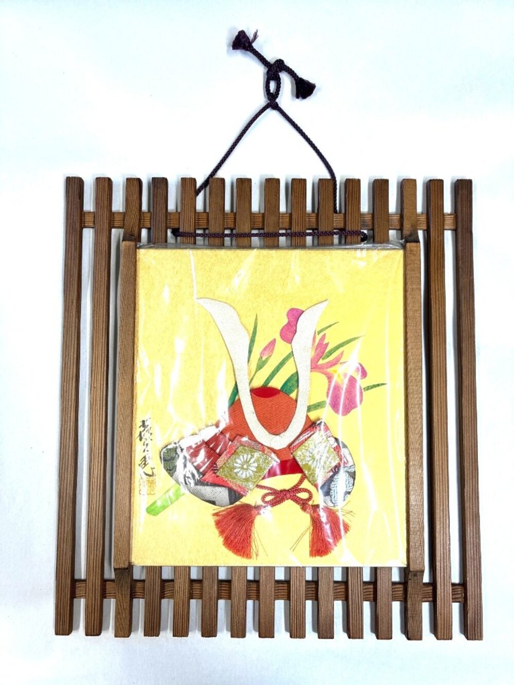 Japanese Art Board Oshie Shikishi Paper Craft Samurai Helmet w/ Frame Fabric